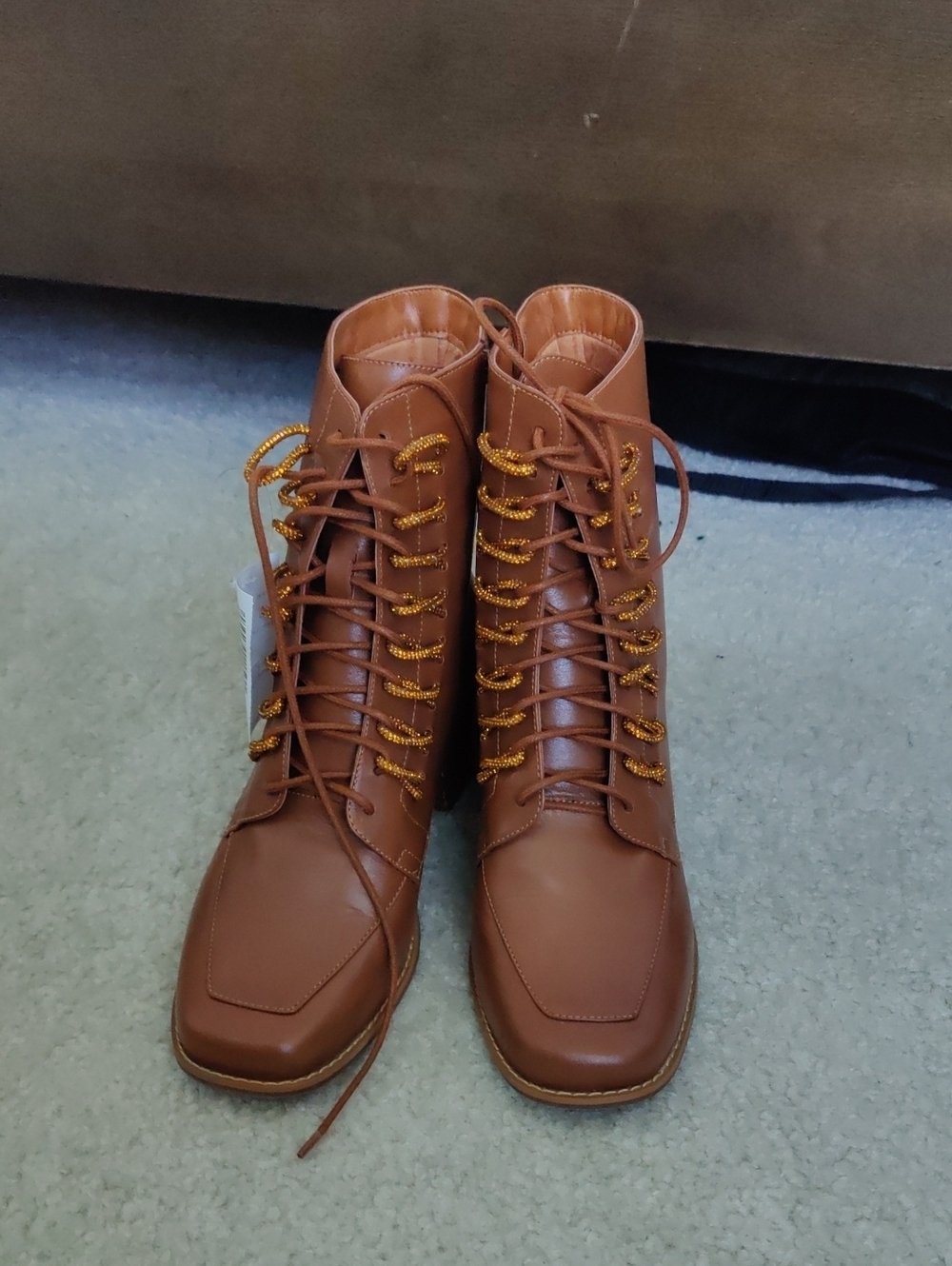 New!Maithe Women's Tan Lace-Up Ankle Side Zipper Block Heel Boots Versatile Retr